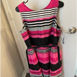 Fun sleeveless pink white and black striped a-lime dress